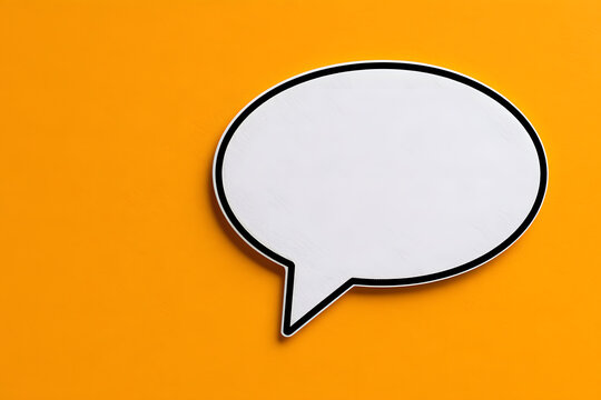 A speech bubble icon in white against a bright orange background, featuring a black outline. Ideal for text messages or messages in a comic strip, suitable for communications, marketing, or business p
