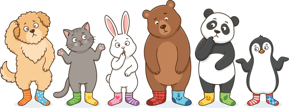 A row of cute cartoon animals wearing mismatched colorful socks standing together.