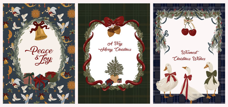 Christmas Greeting Card Set with Angels Geese Tree and Festive Frames