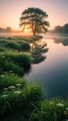 Obraz premium Serene landscape with large tree near calm river at sunrise. Golden sun shines through branches over misty water. Green grass, wild flowers grow on river bank. Peaceful morning scenery with soft fog,