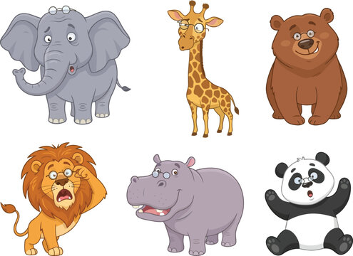 A collection of six cute cartoon animals including an elephant giraffe bear lion hippo and panda.