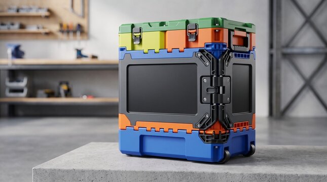 Colorful modular reconfigurable mobile storage toolbox system in a clean workshop on concrete for ef