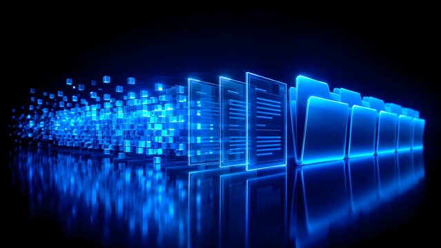 Glowing blue digital folders transforming into flying data cubes and documents, representing data digitization, file extraction, and digital transformation.