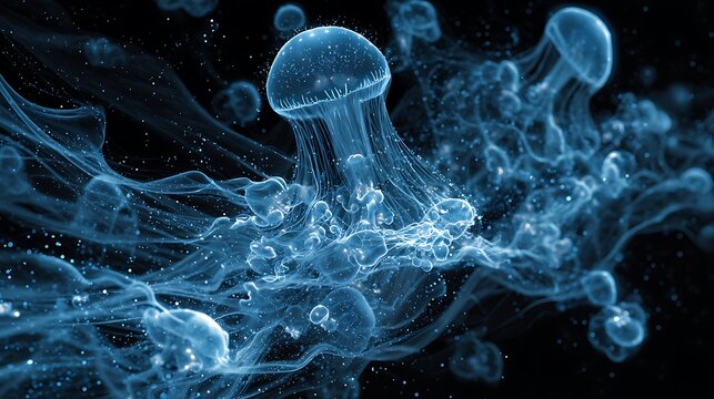 Bioluminescent jellyfish in deep ocean. Glowing blue sea jellies floating in dark water with particles. Abstract marine life 3D illustration for science, aquarium, and nature background.
