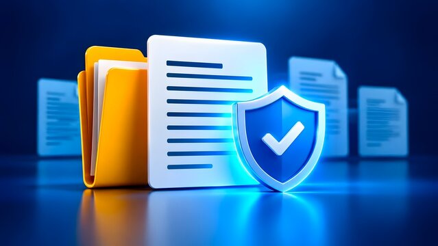 3D rendering of a secure digital folder with a document and a protective shield with a checkmark, illustrating data security, cybersecurity, and confidential file protection.