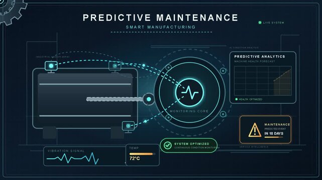 Futuristic Smart Manufacturing HUD with Predictive Maintenance Analytics and Holographic Warning Interface for Business Technology Concepts