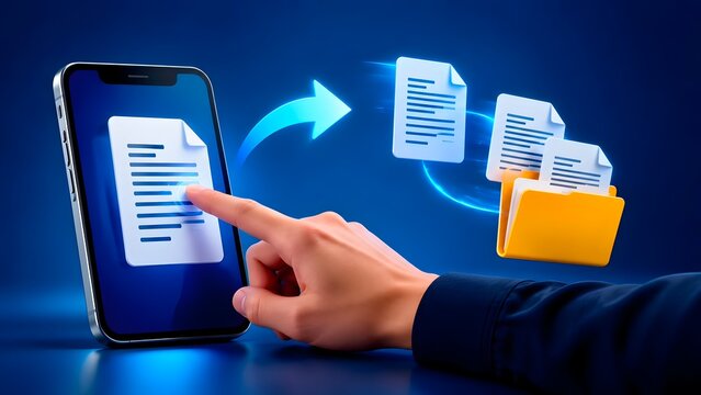 Hand touching a smartphone screen to transfer digital documents into a yellow folder, representing mobile cloud backup, wireless file sharing, and data synchronization.