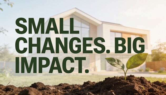 home surrounded by realistic soil, leaves and natural greenery in warm daylight. Premium environmental advertising concept highlighting conscious living with &ldquo;SMALL CHANGES. BIG IMPACT.&rdquo;