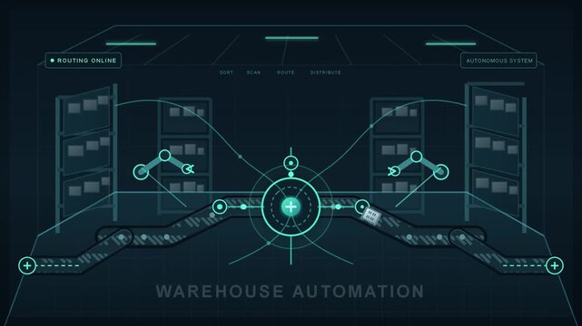 Smart Logistics Dashboard UI: Animated Autonomous System for Warehouse Automation Featuring Robotic Arms, Conveyor Belts, and Route Sorting Tech