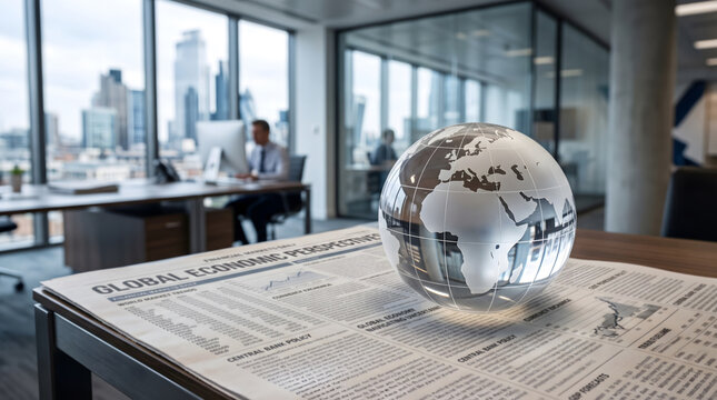 sphere, laptop Isolde Globe Minimal Finance, Global. A background with a glass globe on a financial newspaper, emphasizing global economic perspectives