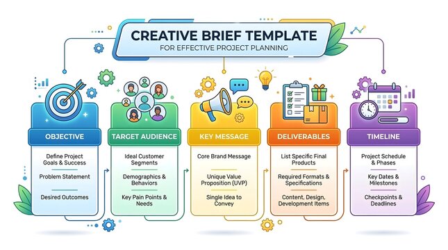 Creative brief template for effective project planning, business infographic with objective and timeline, colorful marketing strategy diagram