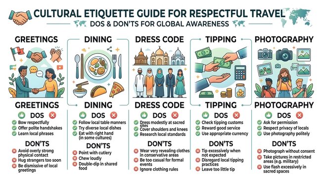 Cultural etiquette guide for respectful travel, global awareness dos and donts infographic, international tourism behavior chart