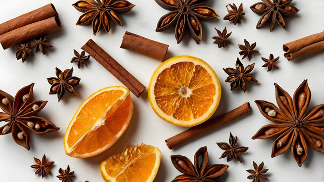 Vibrant autumn food concept with dried orange slices star anise and cinnamon.