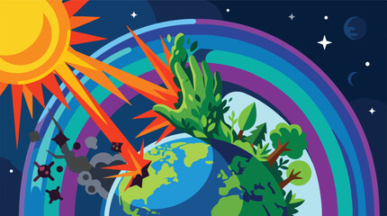 Naklejka premium Green leafy hand shielding earth from sun rays and pollution under colorful ozone arc. Nature protecting planet from UV radiation and toxic waste in space. Environmental defense vector art.