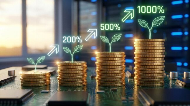High tech financial investment growth concept featuring golden coin stacks and green plant seedlings on computer motherboard with glowing exponential percentage return arrows