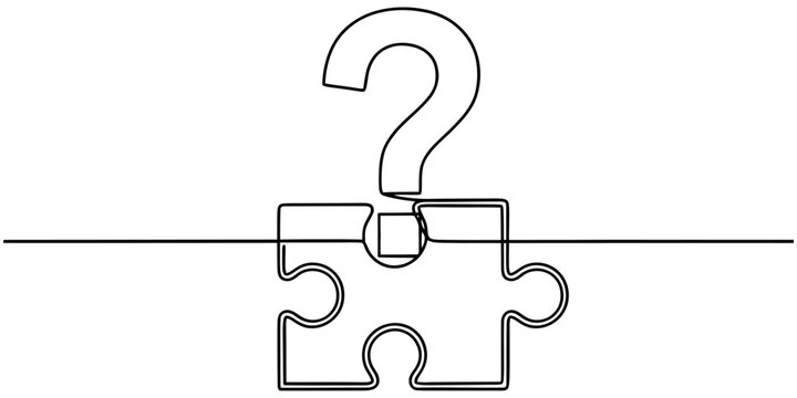 A single line drawing of a question mark and a puzzle piece showing a creative concept of problem solving and finding solutions isolated on white background Vector, illustration