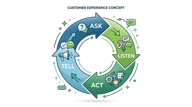 Customer experience concept diagram, business feedback loop with ask listen act tell steps, marketing strategy cycle illustration