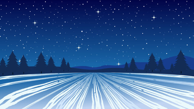 Winter snowy field under a starry night sky with evergreen forest silhouettes, mountains and perspective snow tracks, blue seasonal landscape background illustration