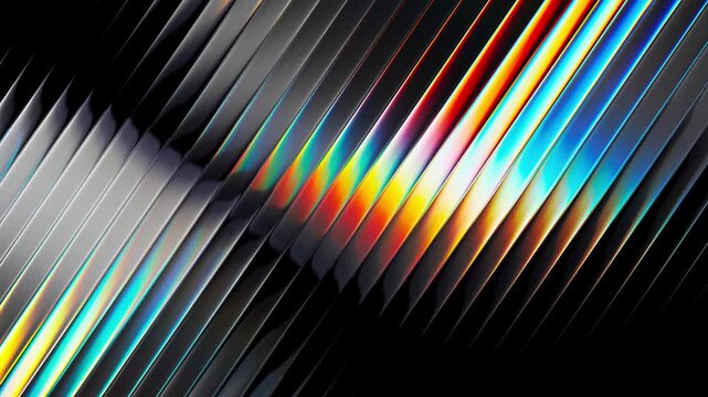 Vibrant Prism Spectrum Fluted Glass Seamless Loop Video, Abstract Holographic Ribbed Glass Wave Motion Graphics, Cybernetic Light Refraction 3D Render &ndash; Wide sweeping array of diagonal reeded glass