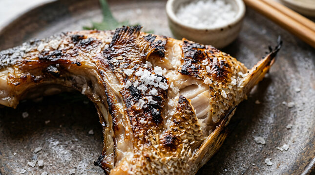 Grilled yellowtail fish collar served on a rustic ceramic plate with sea salt.
