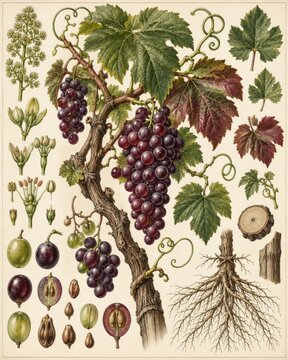 Botanical illustration of a grape vine with ripe fruit, leaves, flowers, and roots