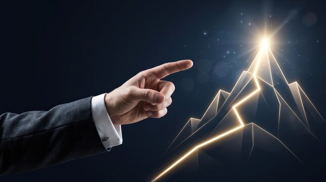 Businessman hand pointing to glowing mountain peak with rising graph line, symbolizing leadership, strategic vision, financial growth, and achieving ambitious corporate goals.