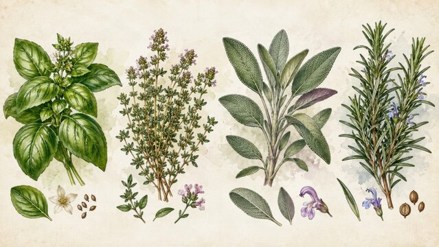 Collection of fresh culinary herbs including basil, thyme, sage, and rosemary, displayed artistically on a textured background