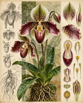 Vintage botanical illustration of the Paphiopedilum orchid, showcasing its intricate details and root system