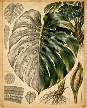 Monstera leaf illustration in vintage botanical style with detailed anatomical drawings
