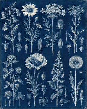 Vintage botanical illustration of various wildflowers and herbs in blue tones