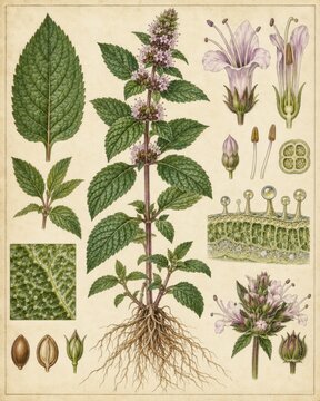 Botanical illustration of a peppermint plant with detailed close-ups of its leaves, flowers, and roots, presented in a vintage style