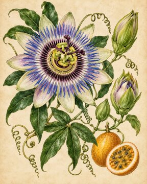 Exotic passion flower with ripe passion fruits and buds on a vintage parchment background