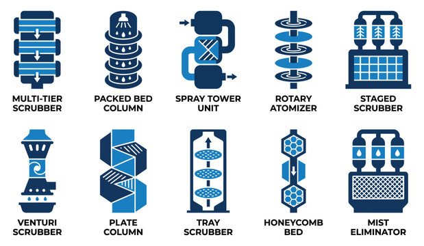 Set of industrial air pollution control equipment and gas scrubber technology icons in blue flat style Minimal solid fill icon set bundle collection. Editable Vector Illustration Mega icons pack