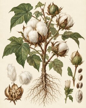 Botanical illustration of a cotton plant with flowering buds, cotton bolls, leaves, seeds, and roots