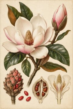 Vintage botanical illustration of a magnolia flower, showcasing its bloom, bud, seed pod, and cross-section