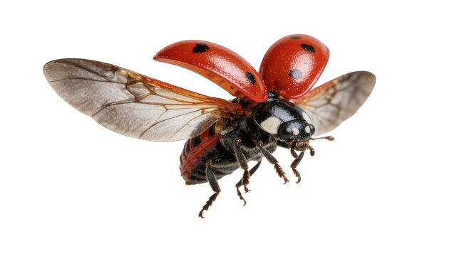 Red ladybug with black spots opening wings for flight, isolated on transparent background