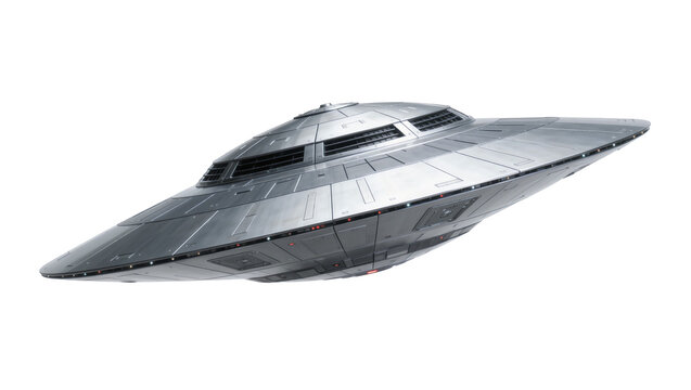 Metallic flying saucer with panoramic windows, isolated on transparent background