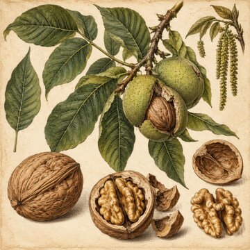 Walnut tree branch with unripe fruit and leaves, accompanied by whole and cracked nuts, illustrating botanical detail