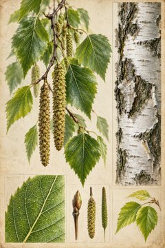 Botanical illustration of birch tree elements: leaves, catkins, and bark
