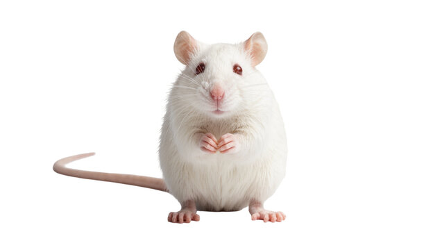 Fluffy white laboratory rat with pink eyes and paws, isolated on transparent background