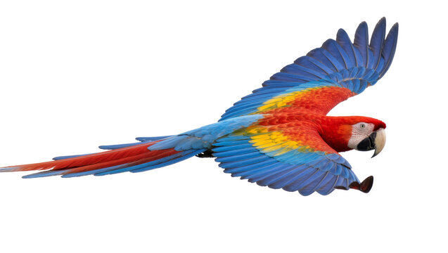Vibrant scarlet macaw parrot with blue wings and yellow chest, isolated on transparent background