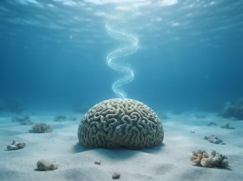 Brain Coral Radiating Mystical Energy Underwater on a Sandy Seafloor in a Serene Oceanic Environment Capturing Deep Marine Biodiversity and Tranquility