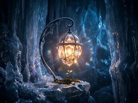 A glowing ornate crystal lantern illuminating a tiny sapling within a magical frozen ice cave with crystalline stalactites and mystical winter ambiance