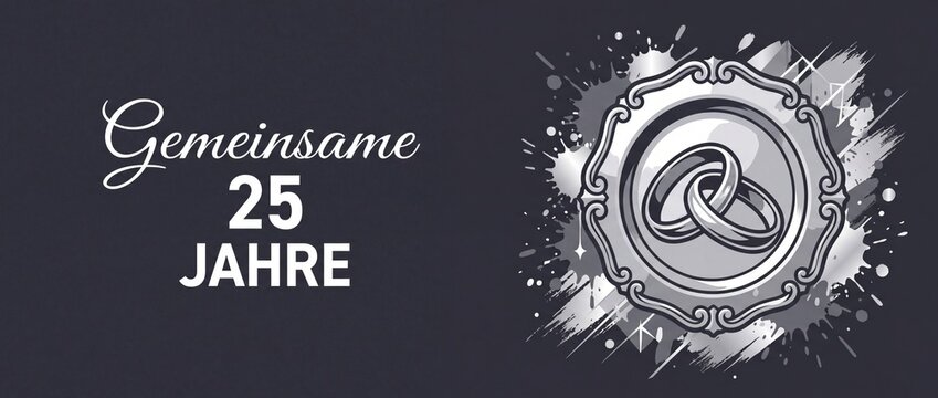 Silver wedding anniversary 25 years celebration banner with rings and ornamental frame design on dark background for German Gemeinsame 25 Jahre invitation, card, poster, header graphic layout