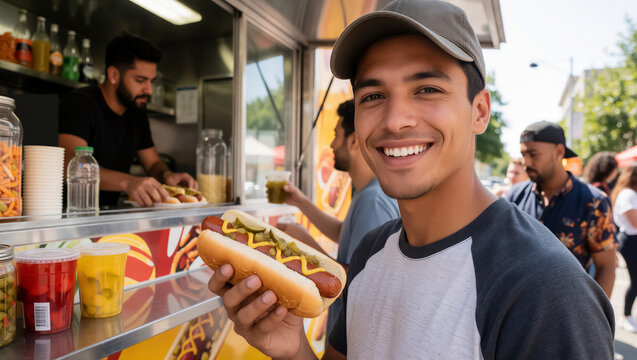 Happy young man enjoys a delicious hot dog from a street food vendor. This vibrant outdoor scene captures urban summer eating