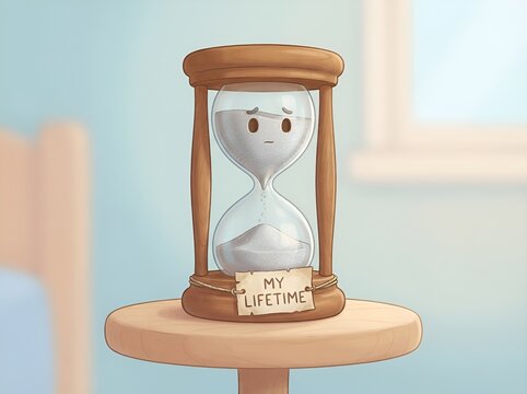 A melancholic anthropomorphic hourglass with a face representing the concept of a finite human lifespan and the passage of time on a small bedside table