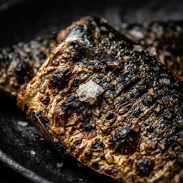 Close up of a grilled mackerel fillet seasoned with coarse sea salt on a dark plate.