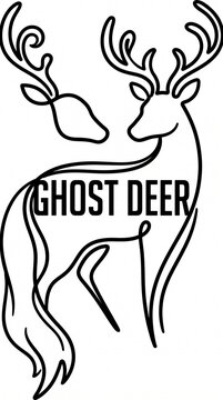 Elegant Minimalist Continuous Line Art Illustration of a Deer Stag with Large Antlers and Ghost Deer Text for Logo Graphic Design