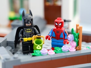 Fototapeta premium Tambov, Russian Federation - August 23, 2026 Lego Batman and Spider-Man minifigures gardening together on a rooftop terrace.