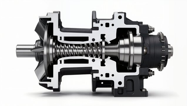 Centrifugal compressor with coil spring shaft and impeller cross-section view, white background